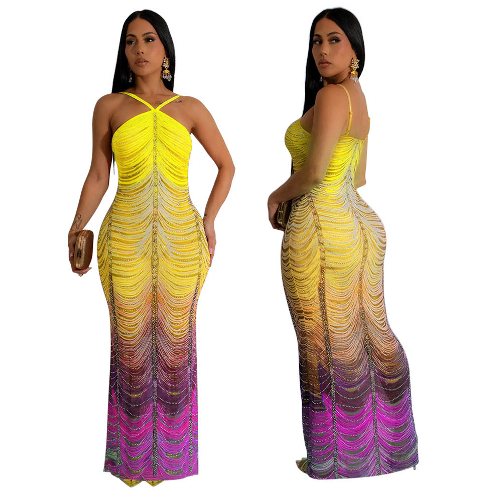Women's Printed Fashion Sexy Slim Beaded Long Dress 4