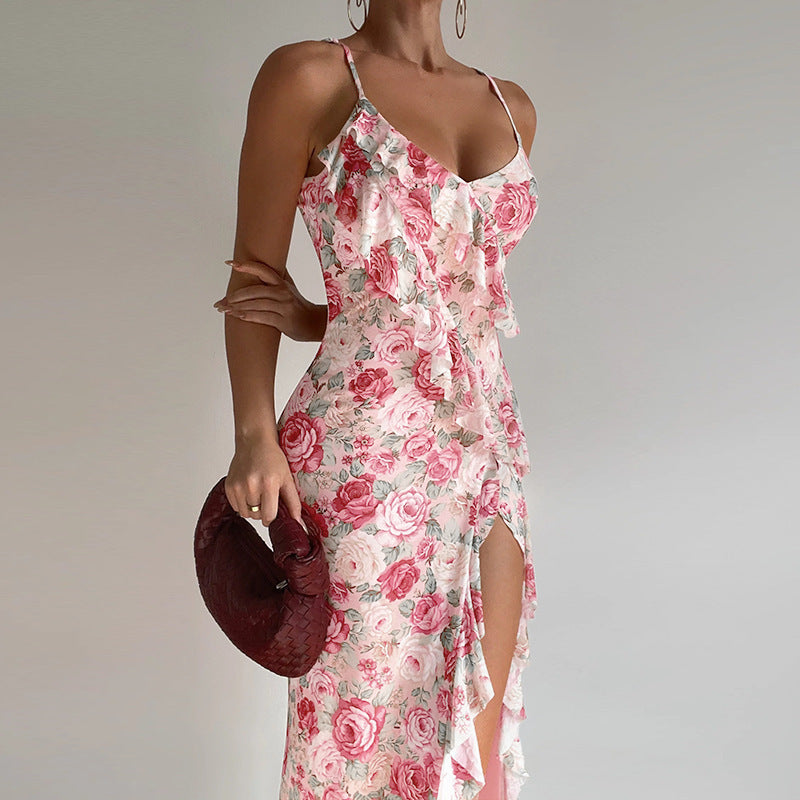 Women Spring Sexy Ruffle Floral Print Slit Dress