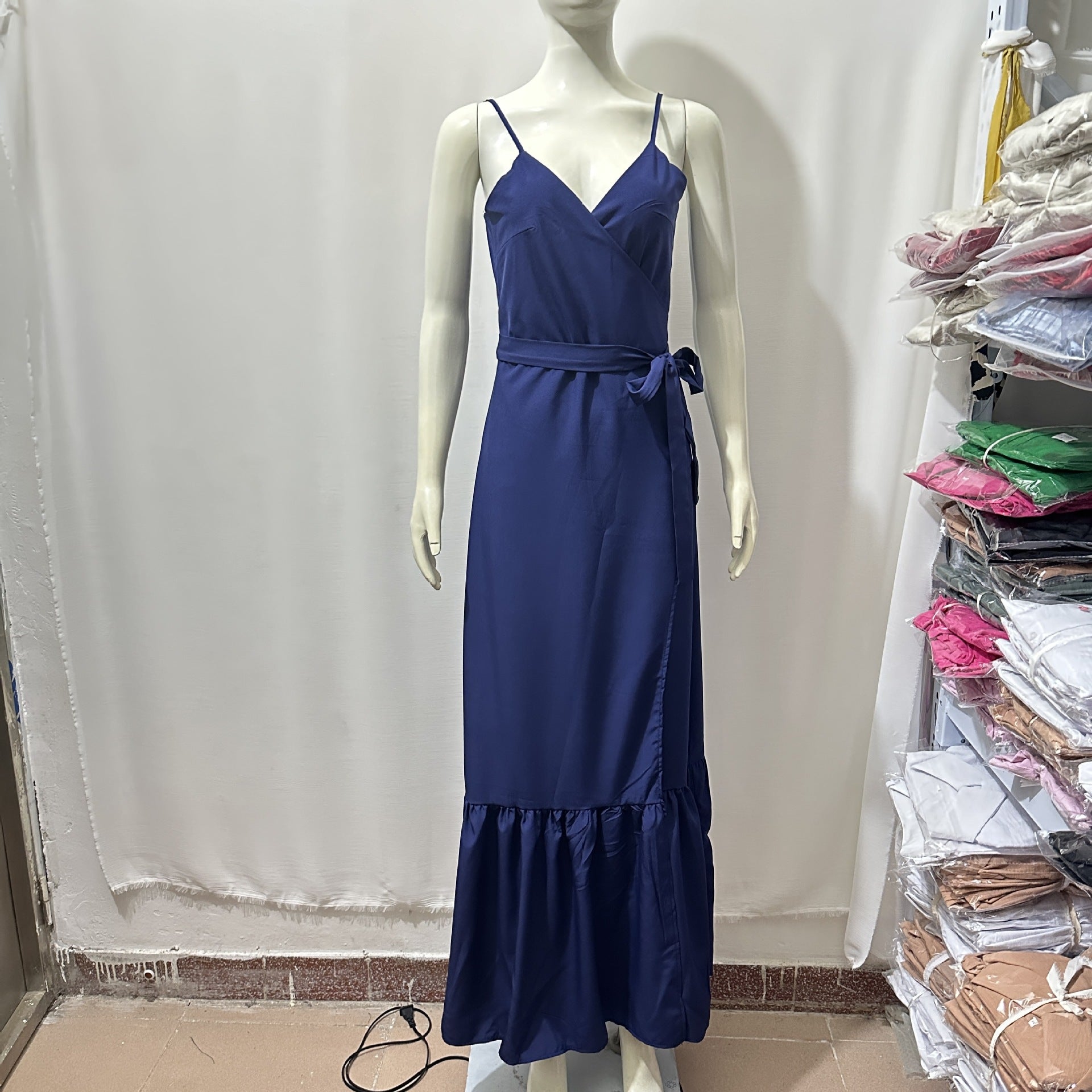 Women Suspender V-neck Tie-up Ruffled Slit Maxi Dress 7