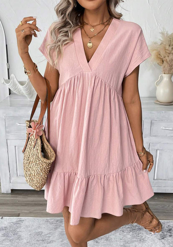 Women's Summer Holiday Style Ruffle Hem V-Neck Solid Color Loose Short Dress