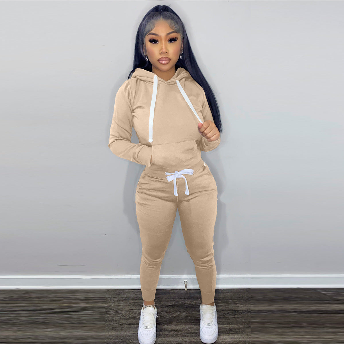 Women's Fashion Autumn and Winter 2-piece Solid Color Hooded Set with Fleece Drawstring (with Pockets) 7