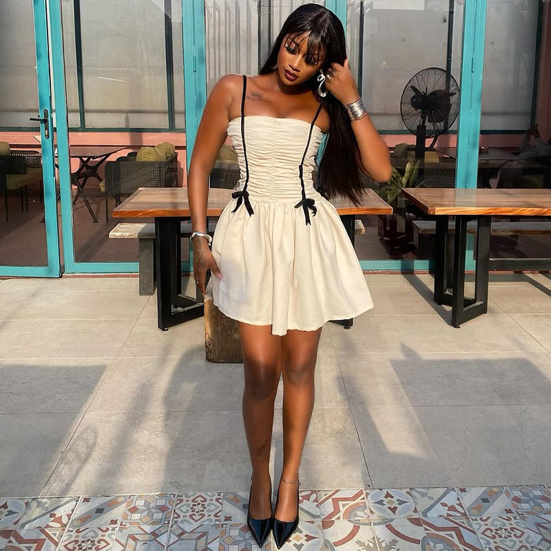 Women Style pleated Patchwork suspender Off Shoulder Backless dress 4