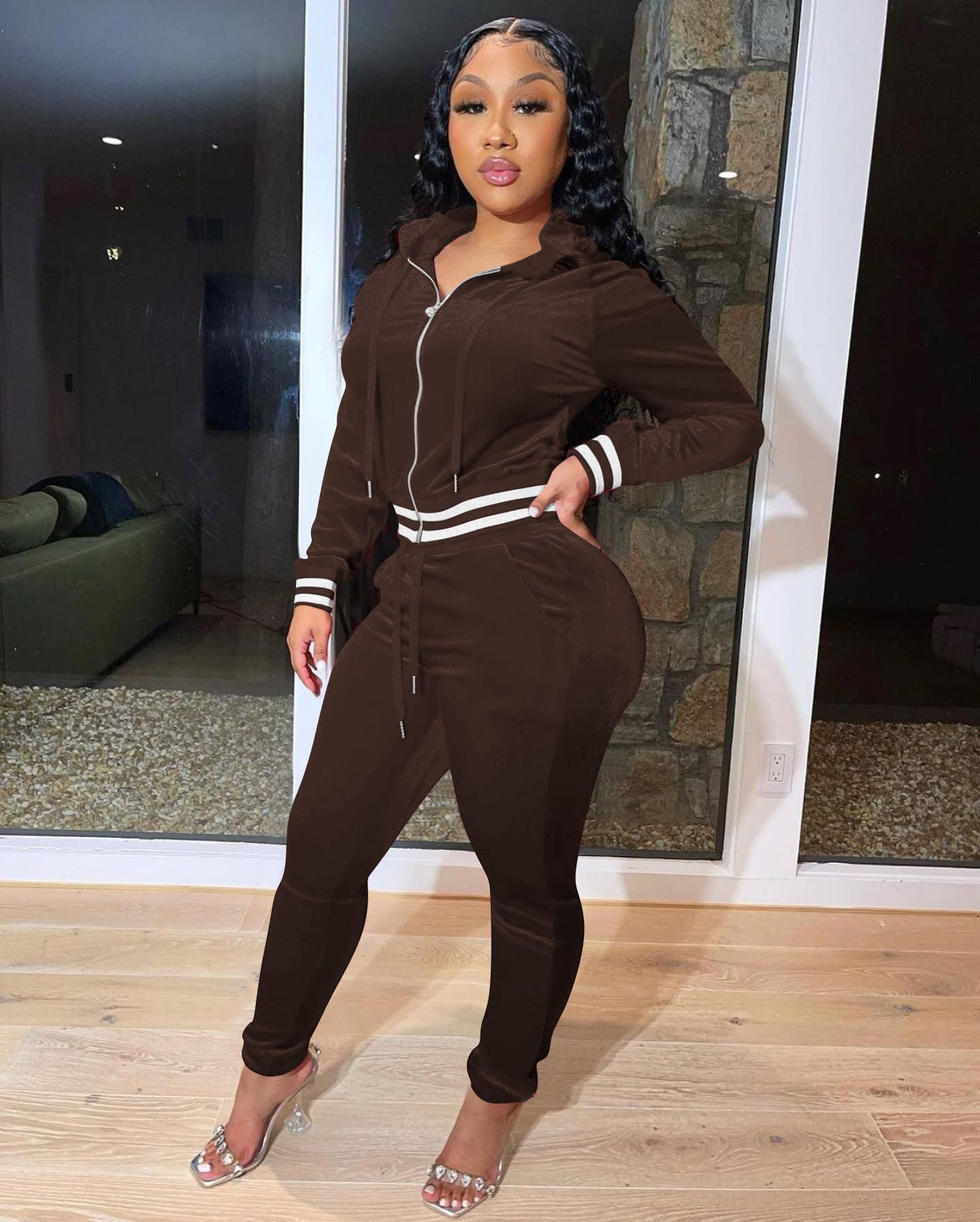 Women Long Sleeve Zipper Top and Pant Two-Piece Set 3