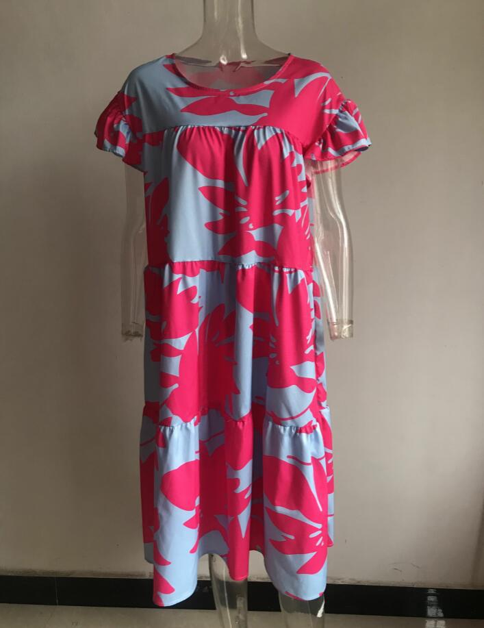 Plus Size Women Summer Dress Round Neck Pink Maple Leaf Casual Beach Dress 35