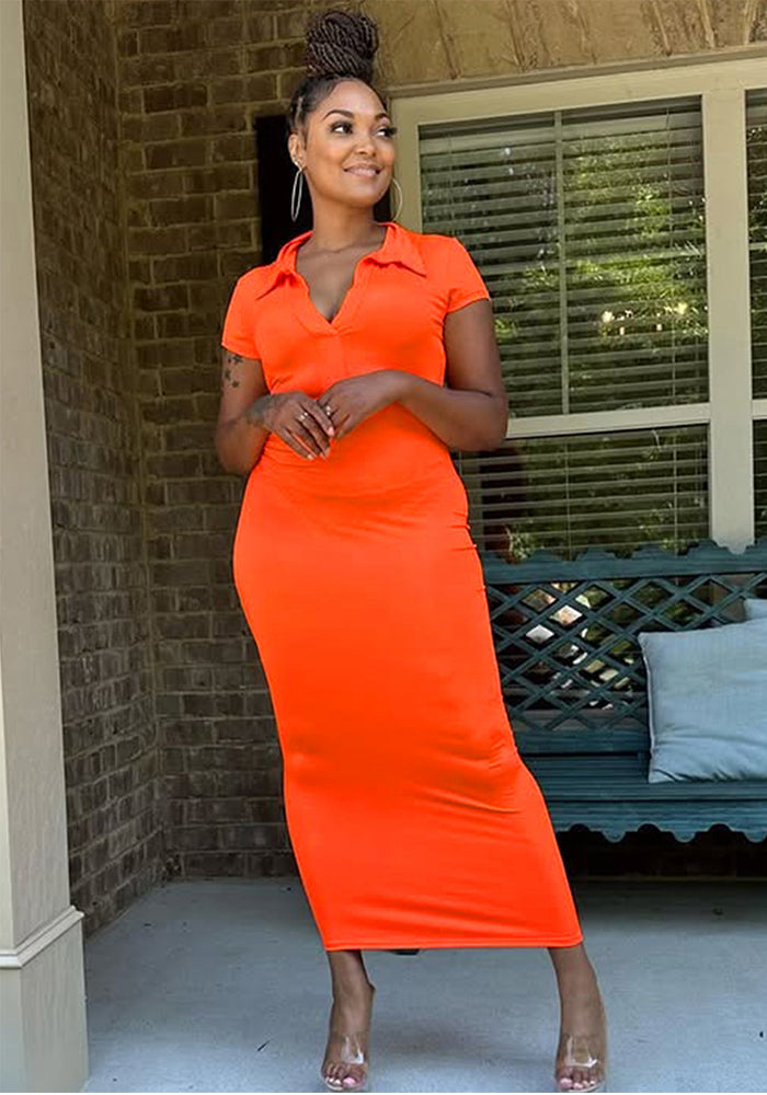 Women Summer Turndown Collar Short Sleeve Sexy Solid Bodycon Dress