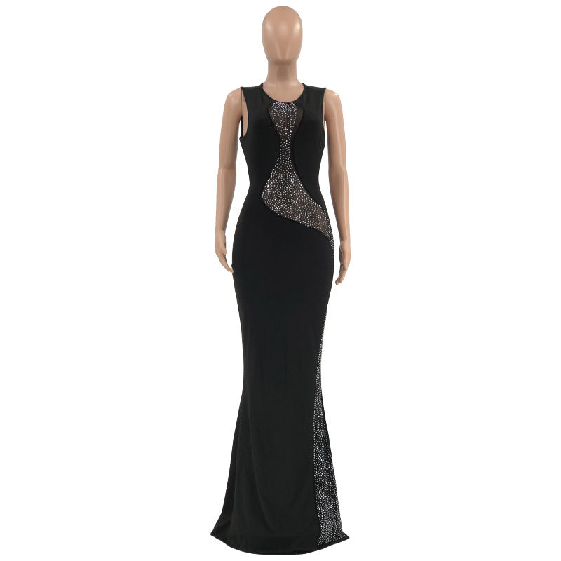 Women Sexy Sleeveless Combination Rhinestone Perspective Evening Dress 12