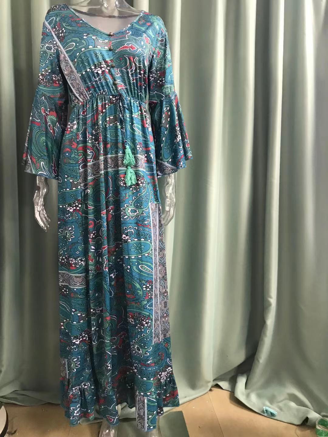 Women Boho Bell Bottom Sleeve Printed V Neck Holidays Maxi Dress 19