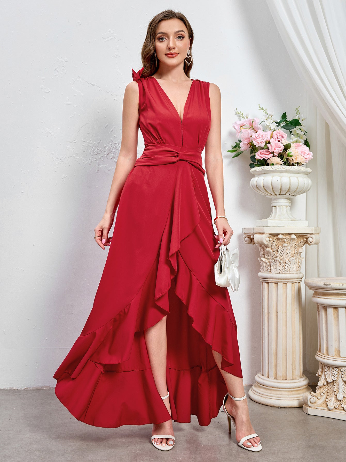 Women Solid V-neck Sexy Dress 3