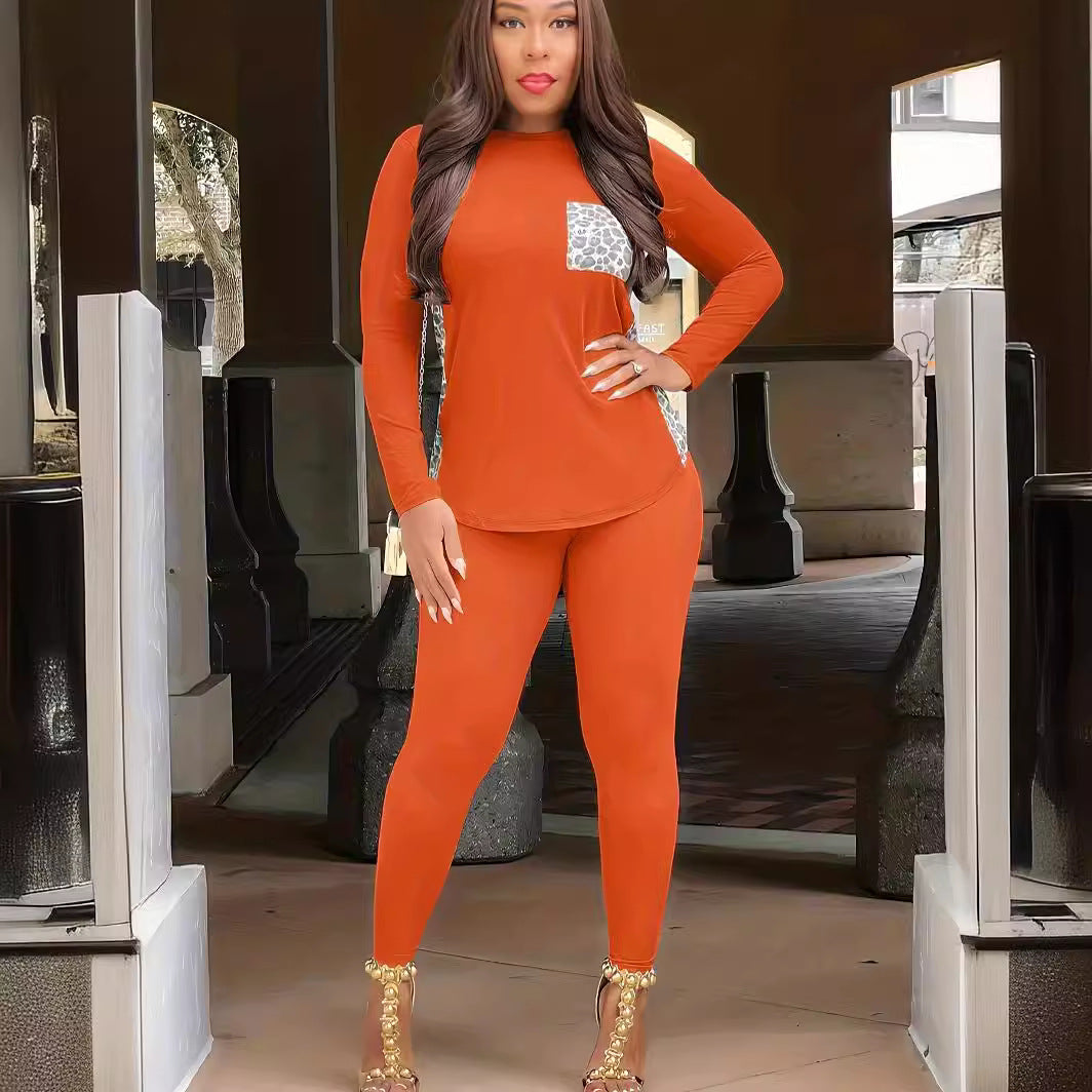 Women Leopard Patchwork Casual Round Neck Top and Pants Two-piece Set 7