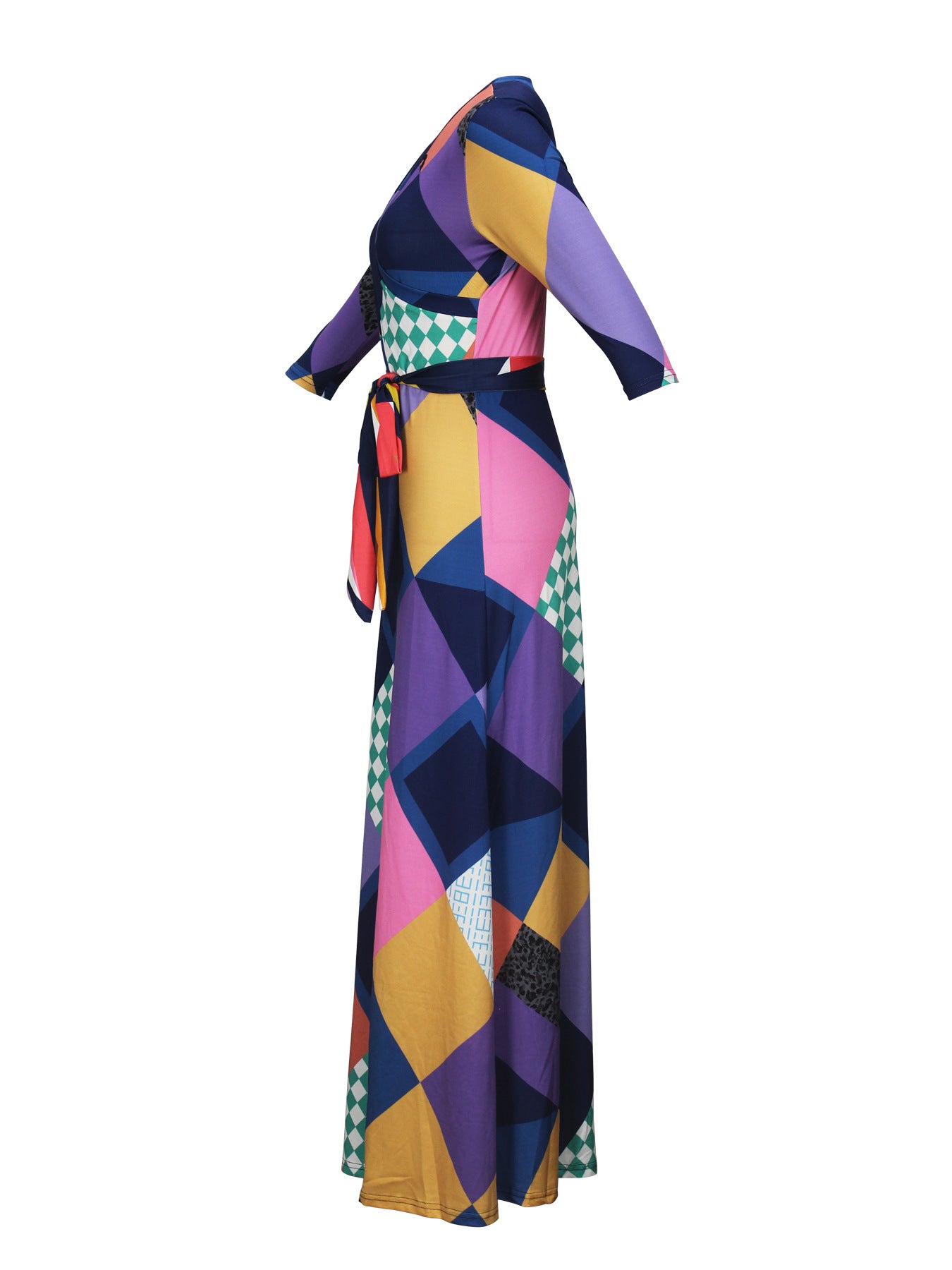 Spring & Autumn Women's Fashion Elegant Wrap V-Neck Half-Sleeve Print Belt Maxi Dress 105