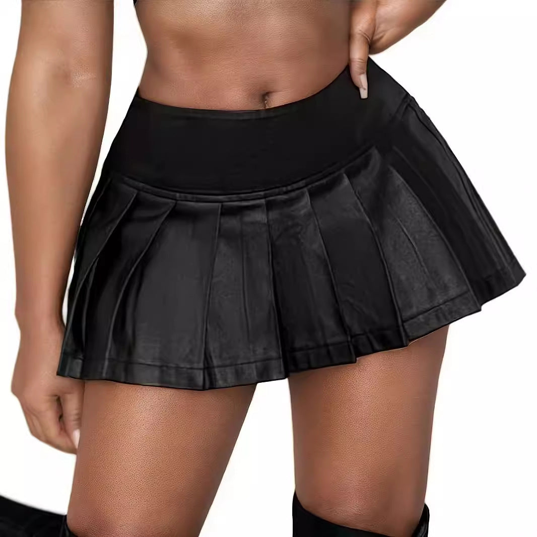 Women Zipper Pu Leather Pleated Skirt