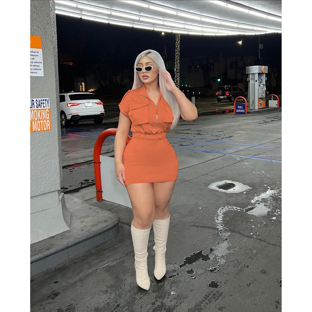 Women'S Summer Stand Collar Solid Color Zipper Short Sleeve Casual Dress 5