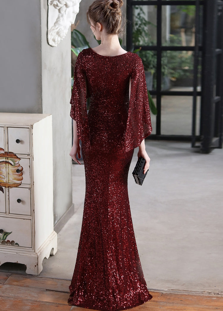 Autumn Formal Sequins Burgunry O-Neck Mermaid Evening Dress