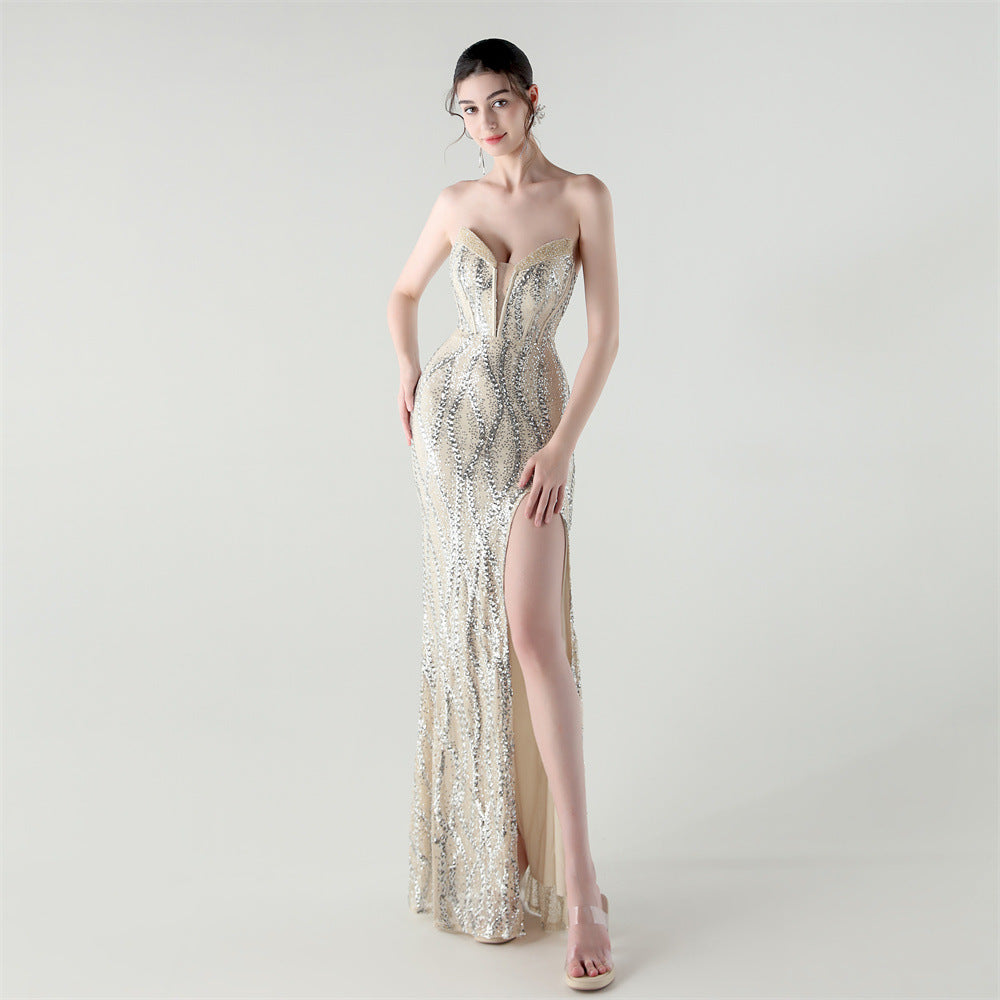 Fishbone Slim Waist Heart Neck Sequin Evening Dress Luxury Formal Party Gown 7