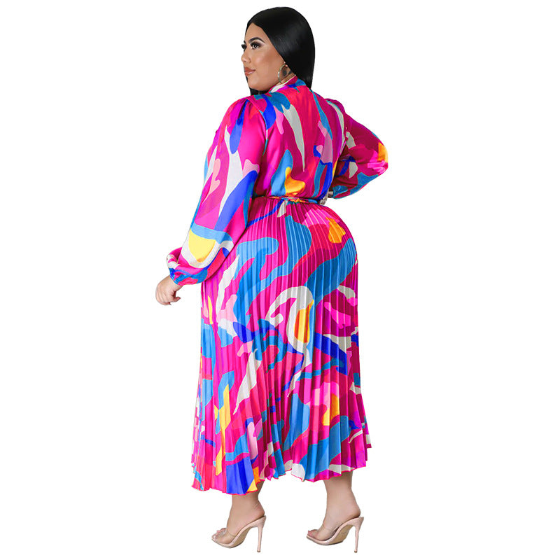 Plus Size Women Lace-Up Long Sleeve Printed Pleated Dress 29