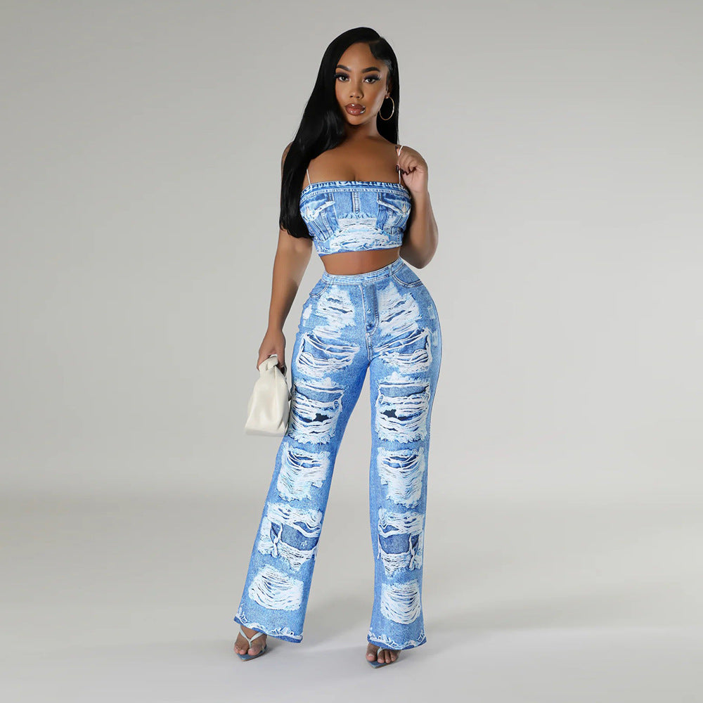 Sexy Fashion Print Strap Top Slim Flared Trousers Two-Piece Set 4