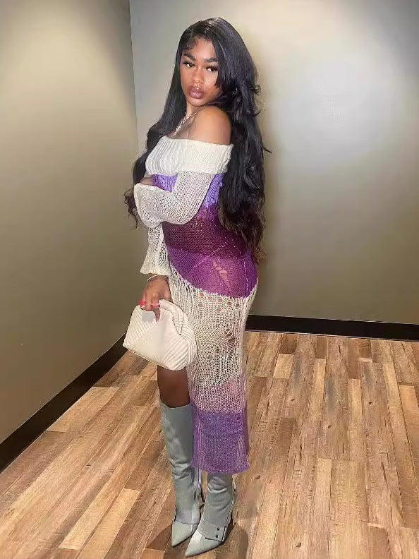 Women's Sexy Off Shoulder Long-Sleeved Contrasting Knitting High-Slit Long Dress 4