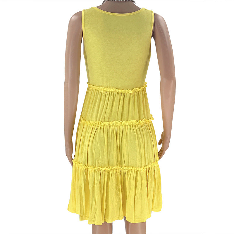 Summer Solid Round Neck Sleeveless Casual Women's Fashion Pleated Casual Dress 35