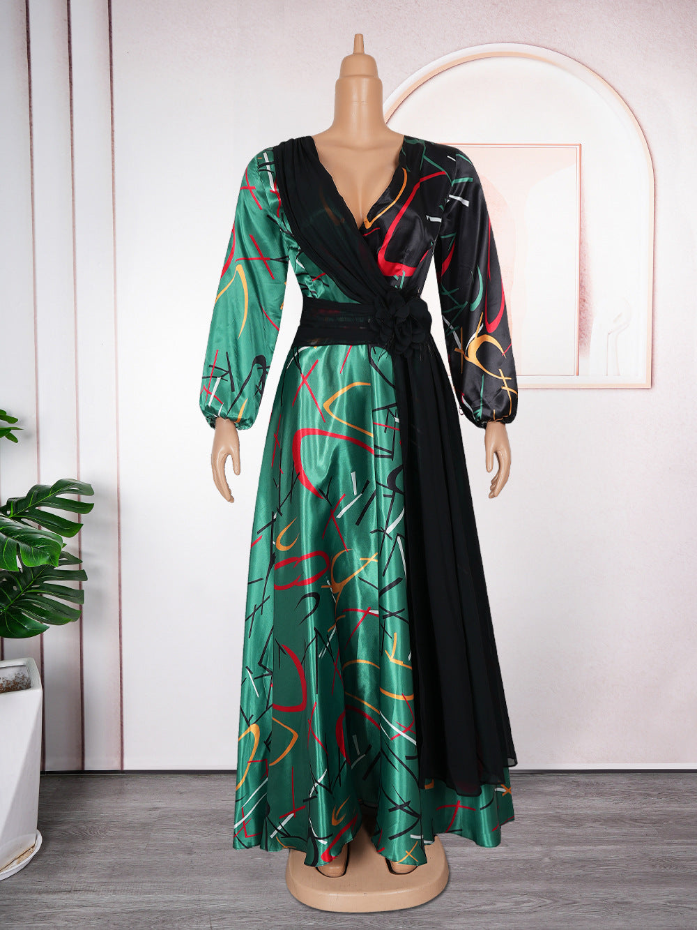 Africa Women's Muslim Color Block Print Plus Size Long Dress 12