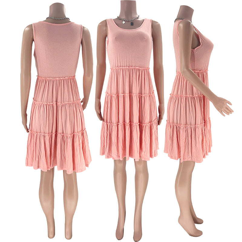 Summer Solid Round Neck Sleeveless Casual Women's Fashion Pleated Casual Dress 25