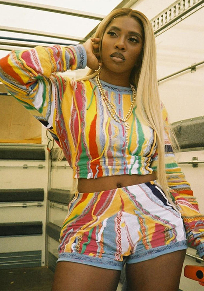 Fall Women Printed Casual Long Sleeve Top and Shorts Two-piece Set