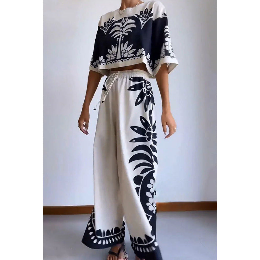 Spring Summer Casual Short Sleeve Lounge Wear Loose Holidays Women'S Two-Piece Pants Set