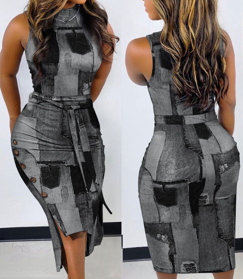 Round Neck Leather Split Dress 3