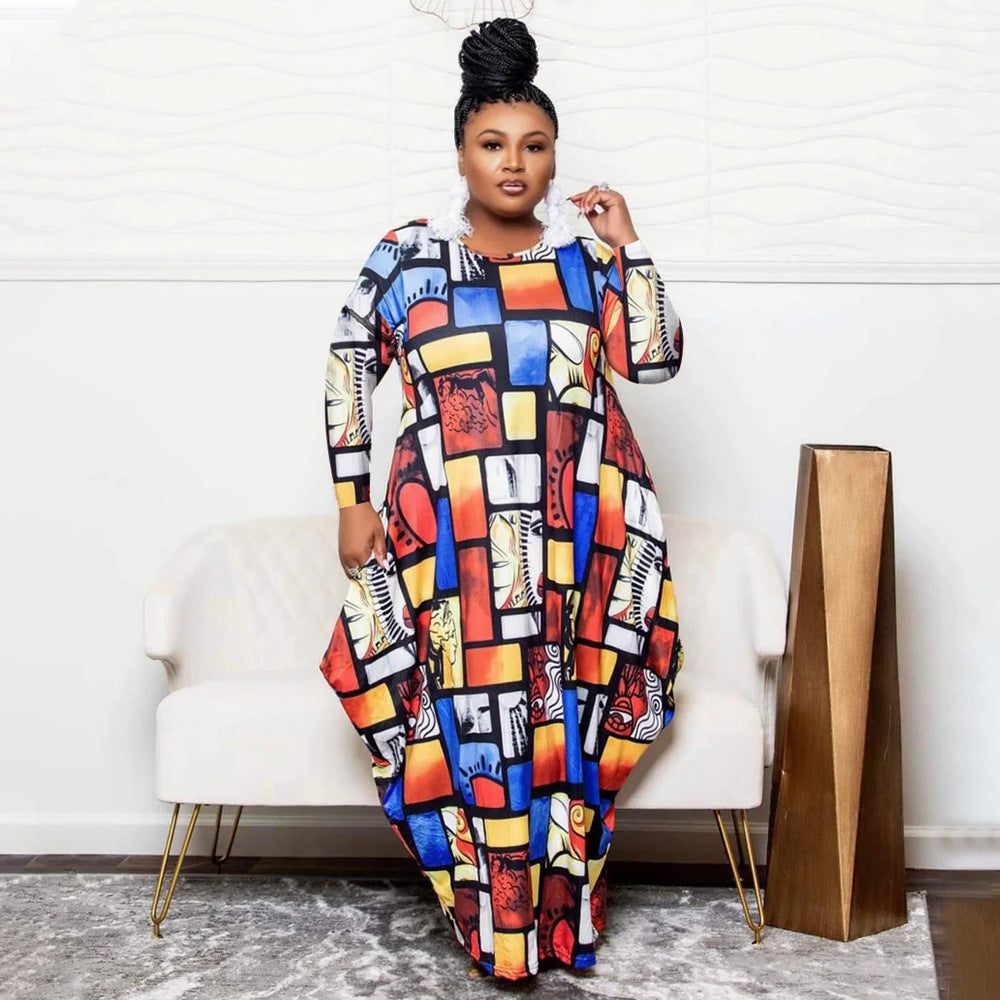 Women's Positioning Print Pockets Plus Size Loose Dress 4