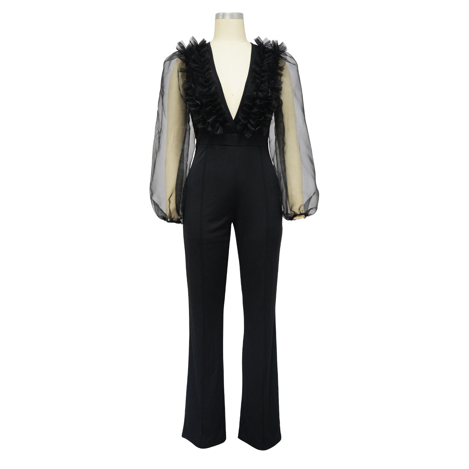Women Mesh Balloon Sleeve V-Neck Backless Jumpsuit 13