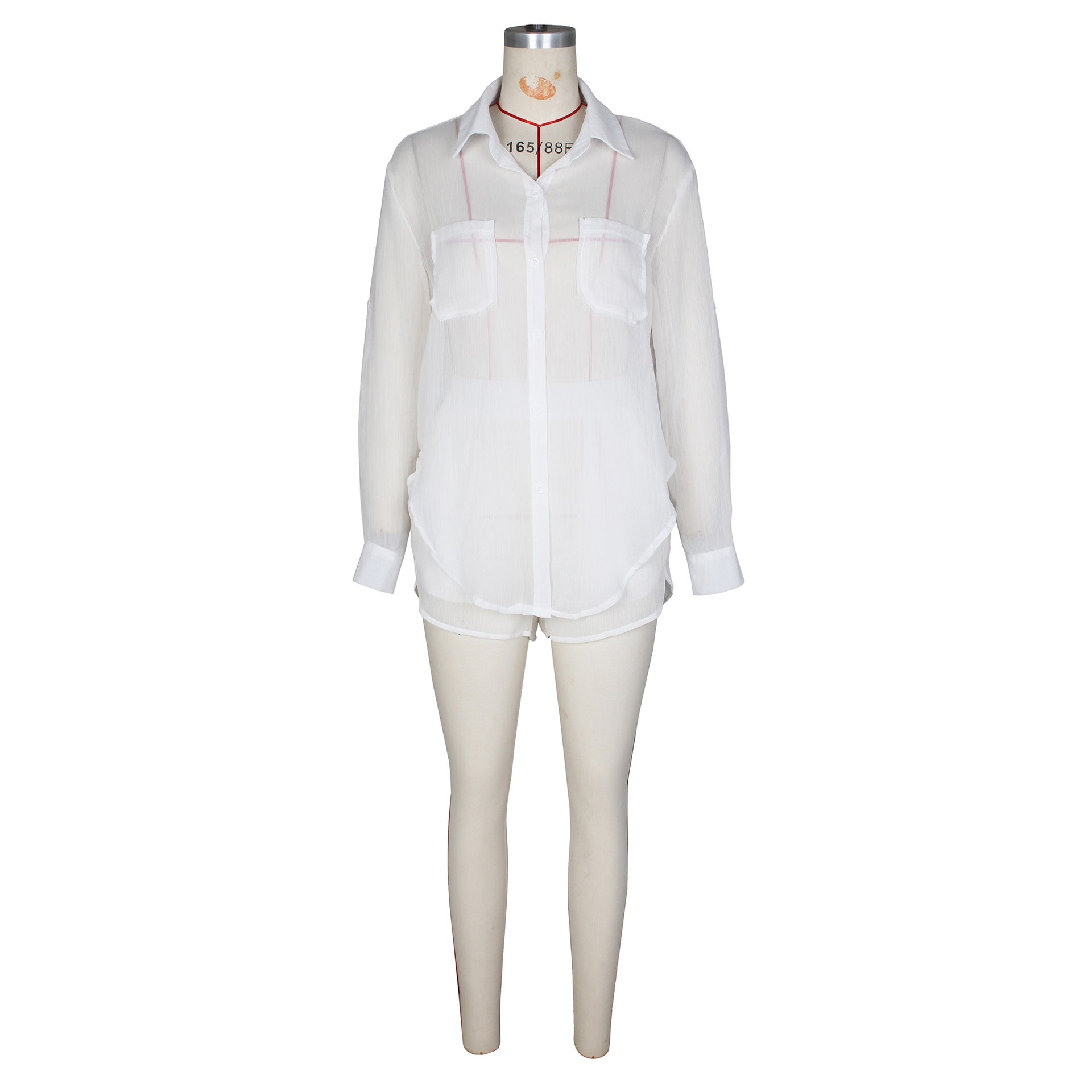Women's Sexy Solid Color See-Through Long-Sleeved Shirt And Shorts Casual Set 14