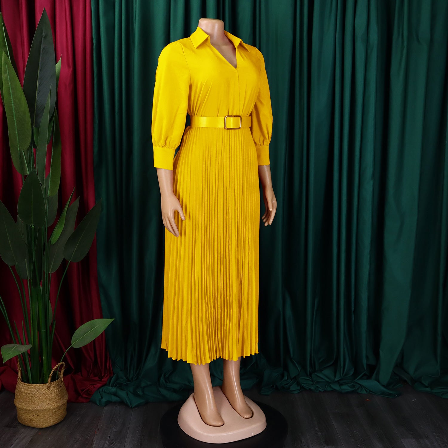 Spring V-Neck Solid Long Sleeve Pleated Dress for Women 12