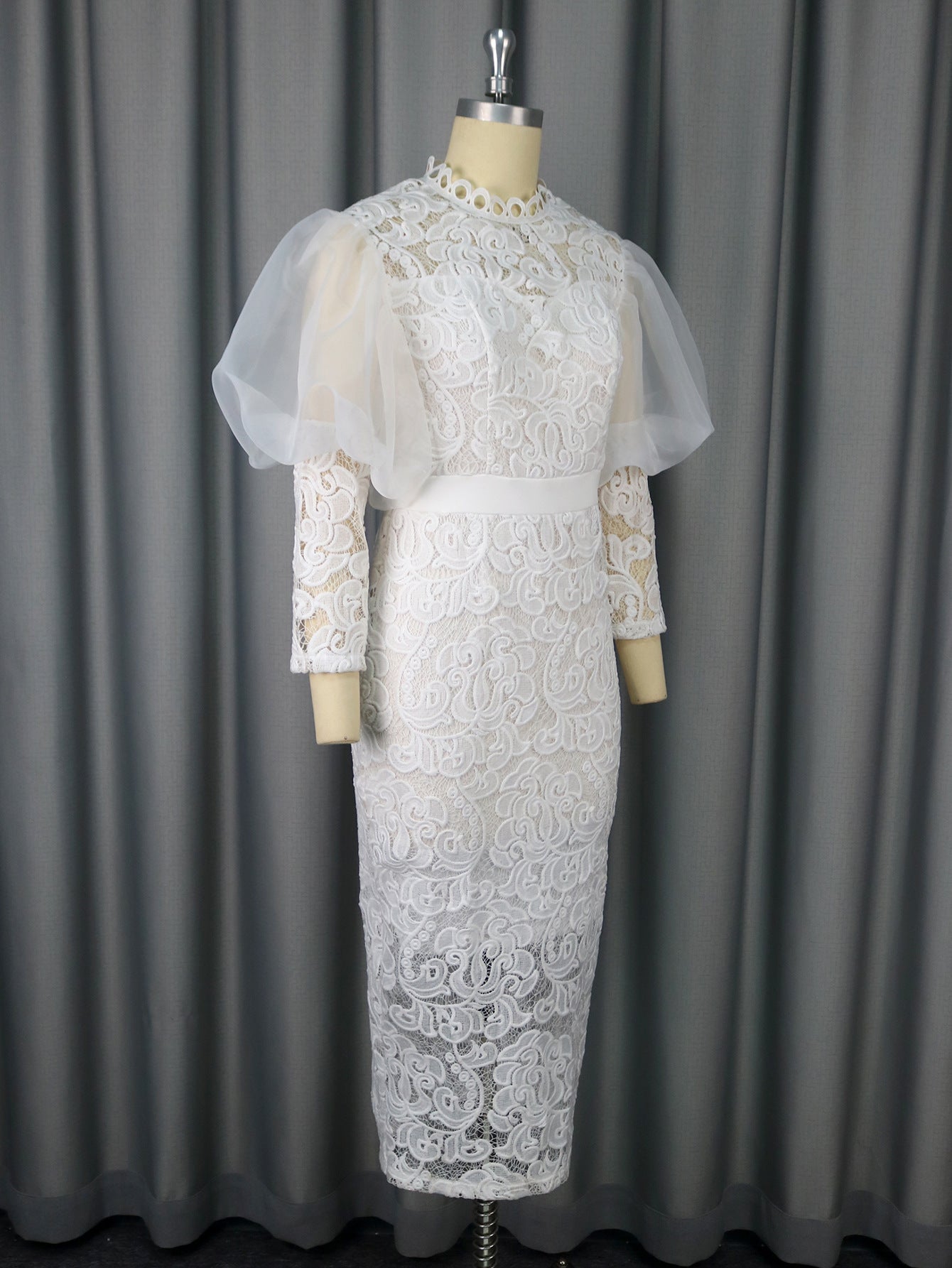 Lace Formal Party Puff-Sleeve Mid-Length Dress 11