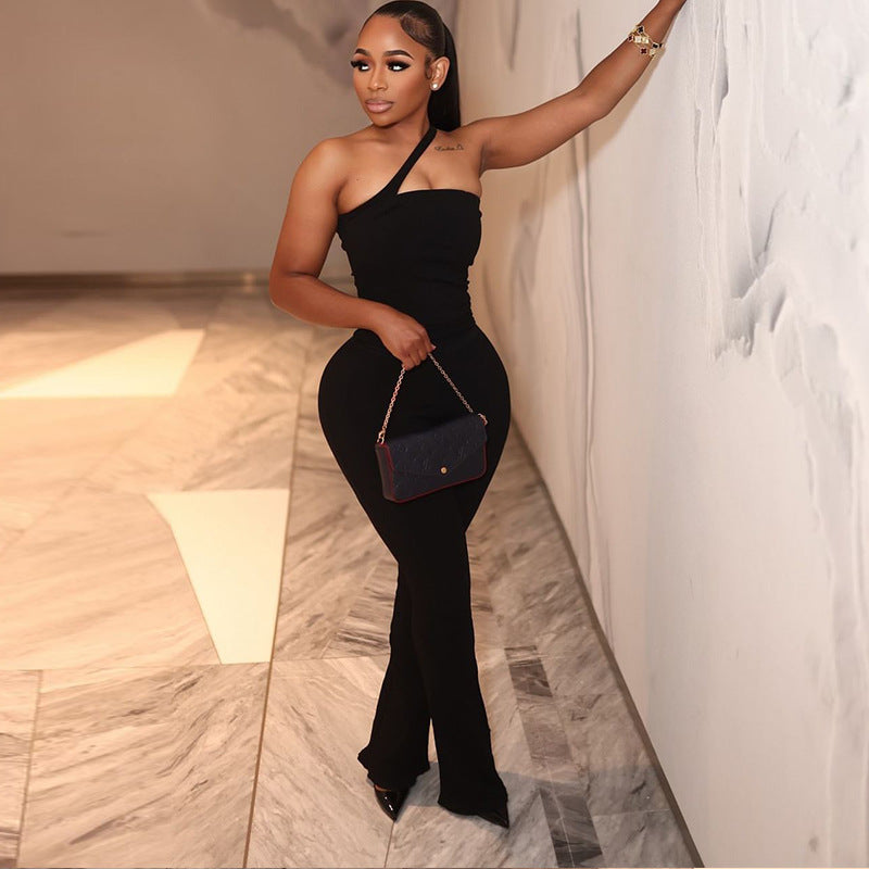 Women Backless Sexy Solid Sleeveless Slash Shoulder Jumpsuit 4