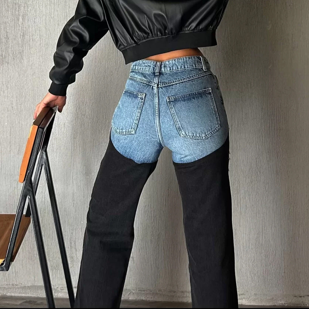 Women Spring Color Patchwork Denim Wide-leg pants 5