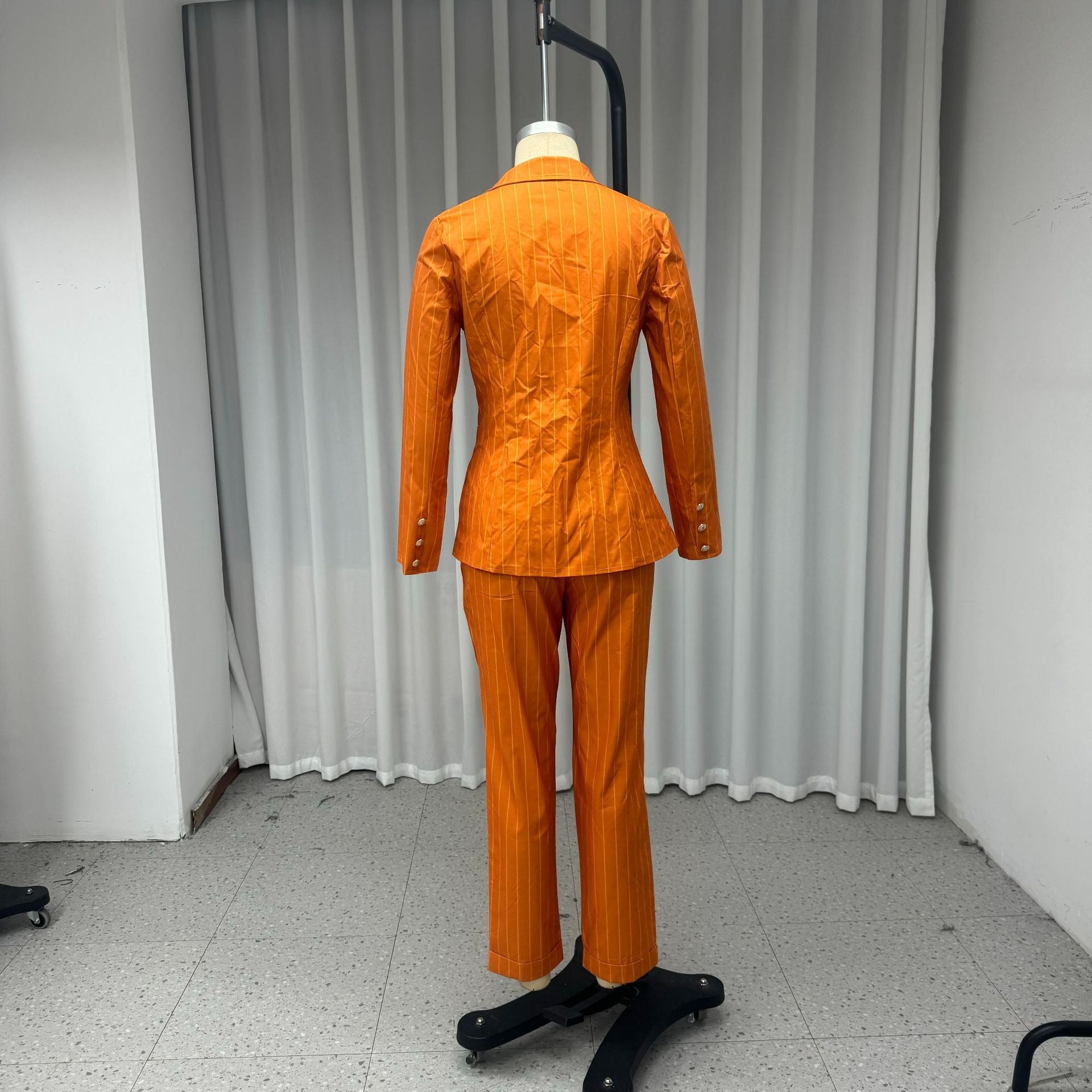 Women Turndown Collar Long-Sleeved Striped Solid Blazer and Pant Two-Piece Set 8