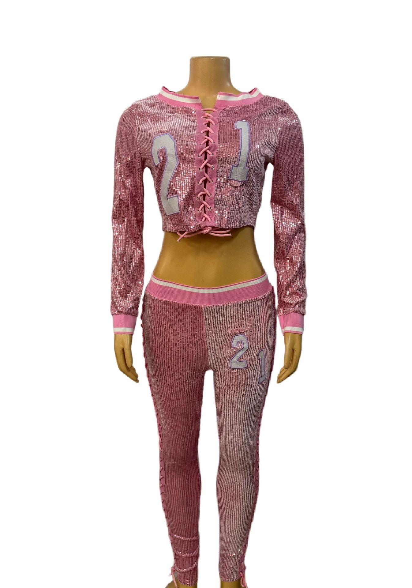 Women Digital Sexy Lace-Up Cut Out Long Sleeve Top and Pants Two-piece Set 12