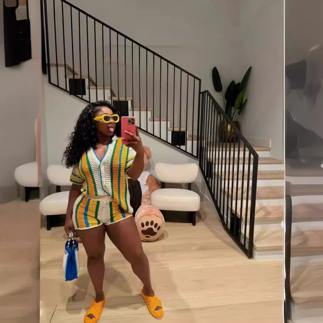 Women's Sexy Hollow See-Through Turndown Collar Knitting Two Piece Shorts Set 14