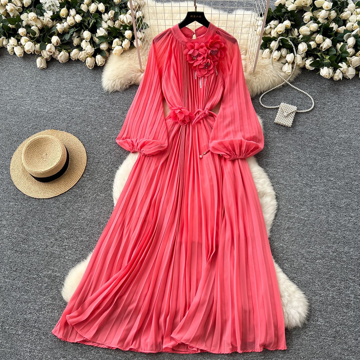Elegant Women's Luxury Beaded Flower Belt Slim Waist Pleated Long Dress 3