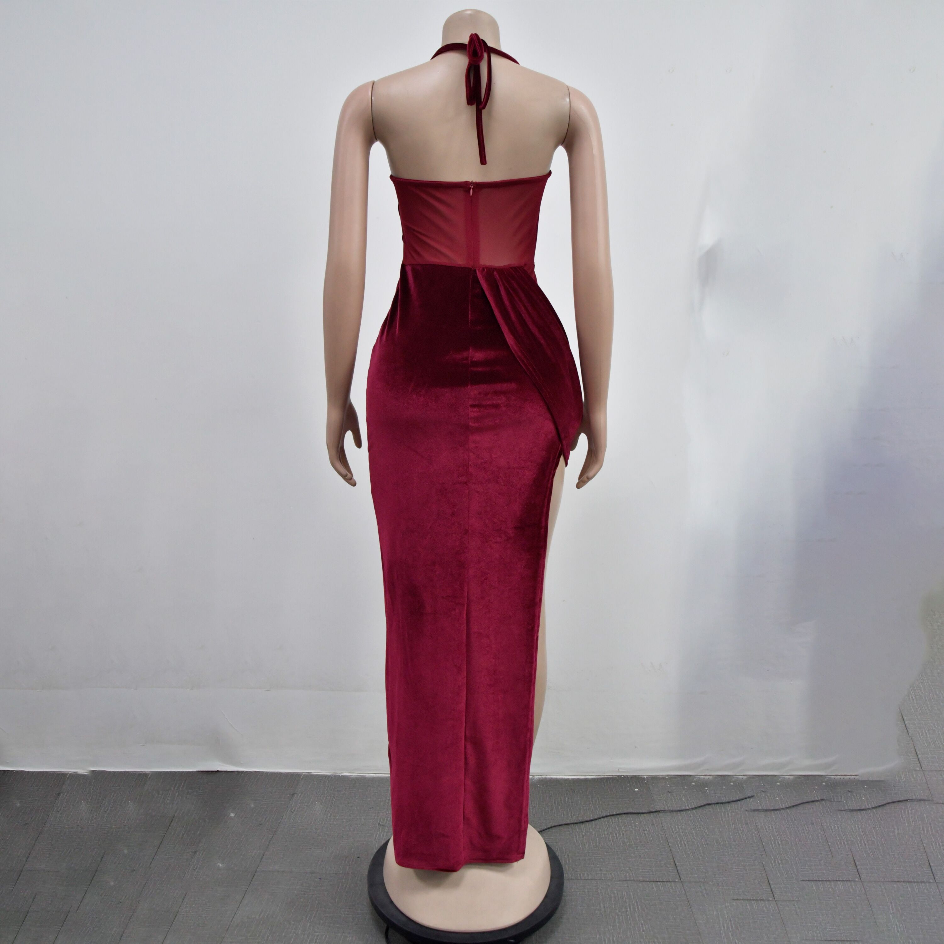 Fashion Women's Solid Color Mesh Straps Slit Long Dress 28