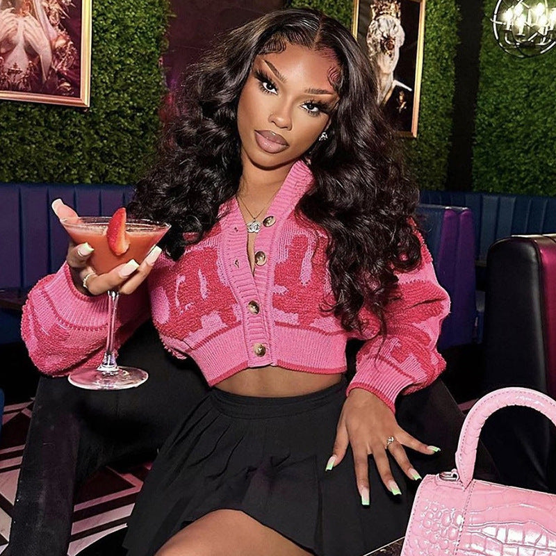 Autumn Fashion Color Matching V-Neck Buttoned High Waist Slim Women Knitting Top 3