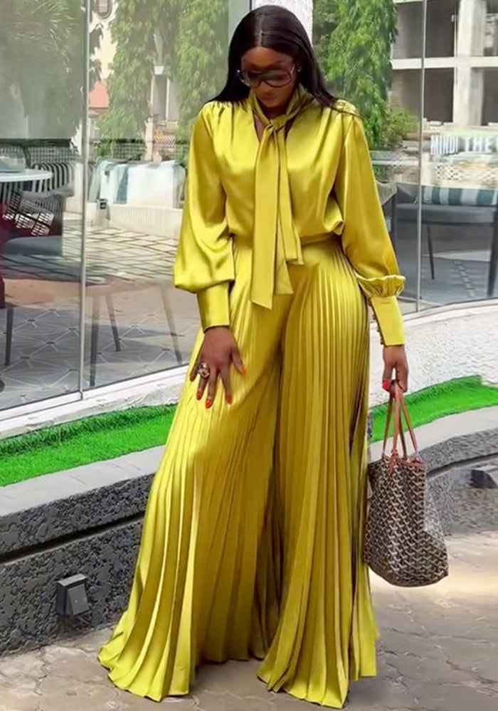 Women Summer Lace-up V-Neck Lantern Sleeve Shirt and Pleated Wide Leg Pants Two Piece Set