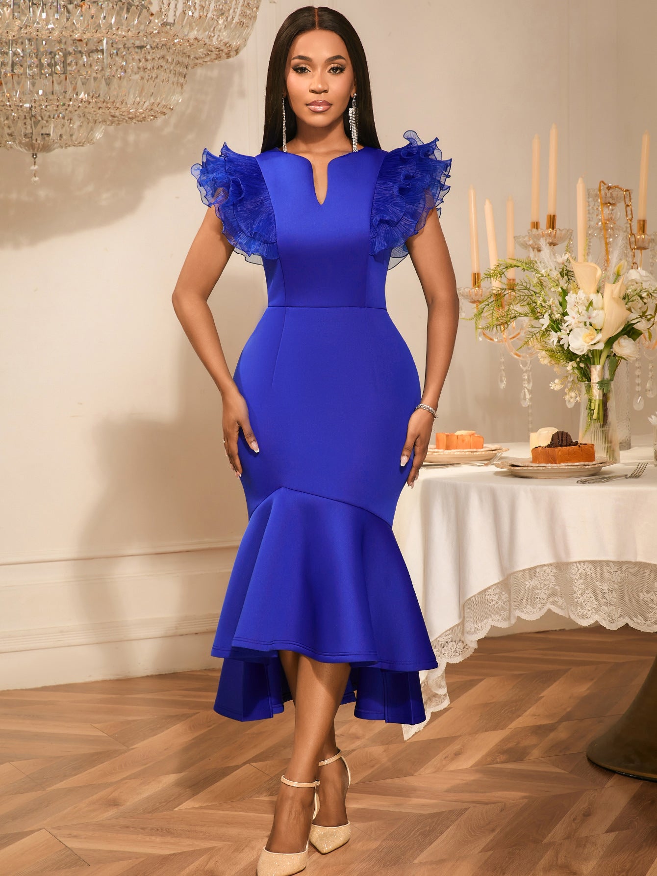 Women Sexy Lotus Leaf Pleated Short Sleeve Formal Party Bodycon Fishtail Dresses