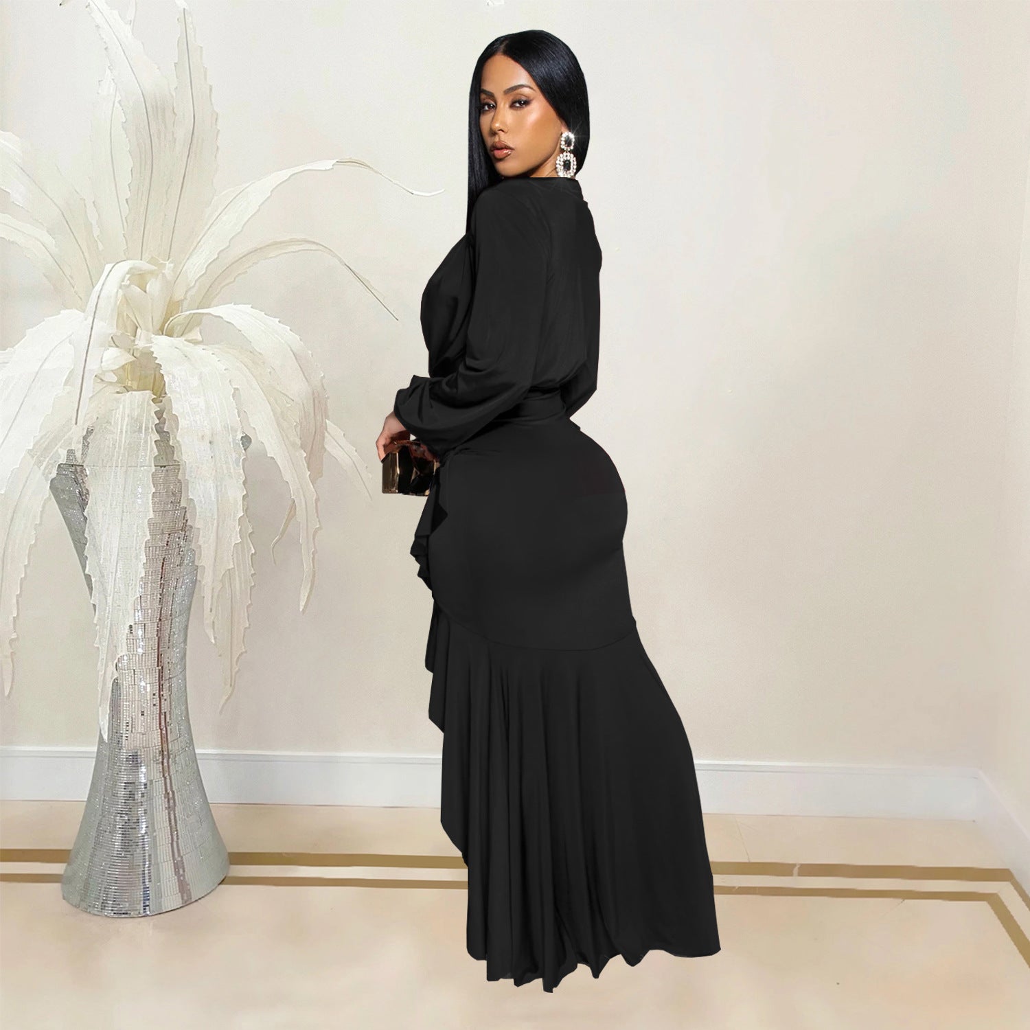 Women Elegant V-neck Slit Long Sleeve Solid Dress 5