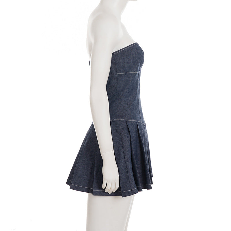 Women Sexy Solid Patchwork Backless Denim Strapless Pleated Dress 9