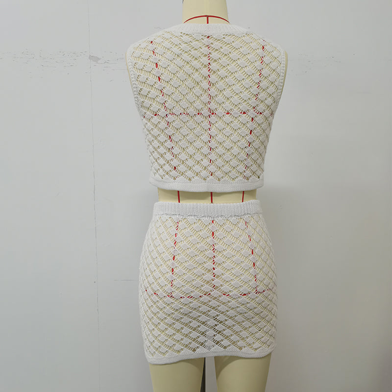 Button Vest Short Skirt Fashion Sunscreen Beach Two-piece Set 11