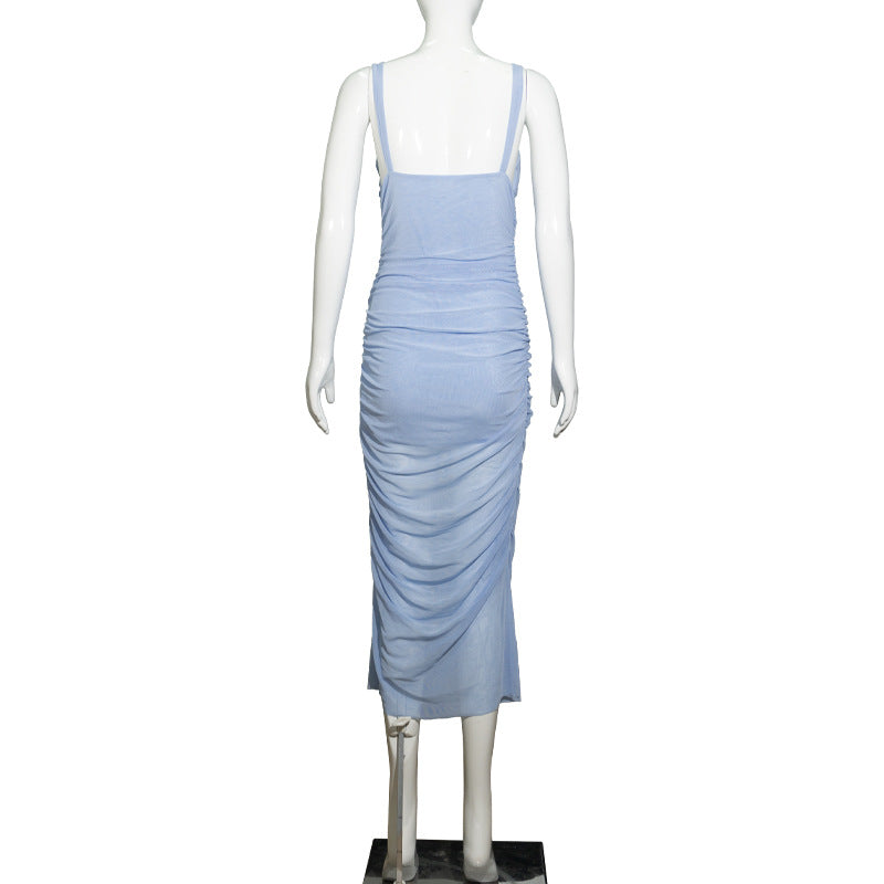 Women Strapless V-Neck Sleeveless Backless See-Through Mesh Slit Maxi Dress 9