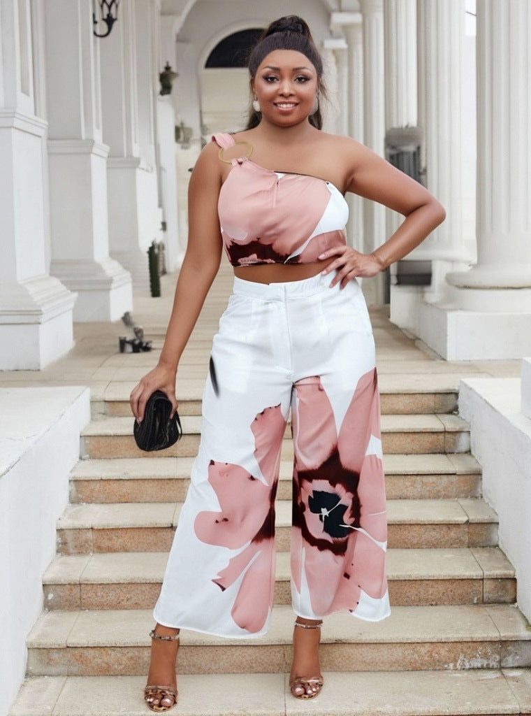 Plus Size Spring/Summer Printed One Shoulder Crop Top Wide Leg Pants Two Piece Set 10