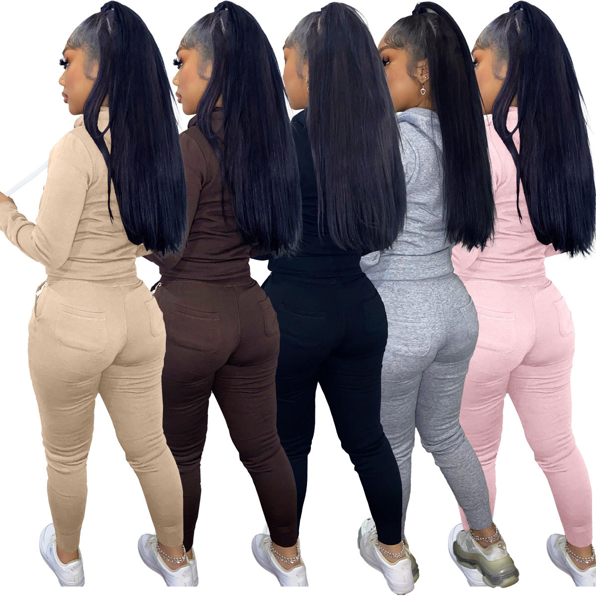 Women's Fashion Autumn and Winter 2-piece Solid Color Hooded Set with Fleece Drawstring (with Pockets) 14