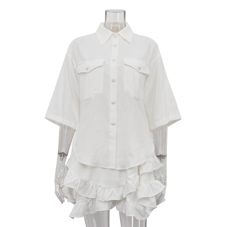 Turndown Collar Short Sleeve Shirt Fashion Ruffled Cake Skirt Two Piece Set 9