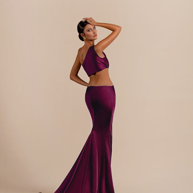 Sexy One Shoulder Hollow-Out Satin Maxi Dress Chic Gown 5